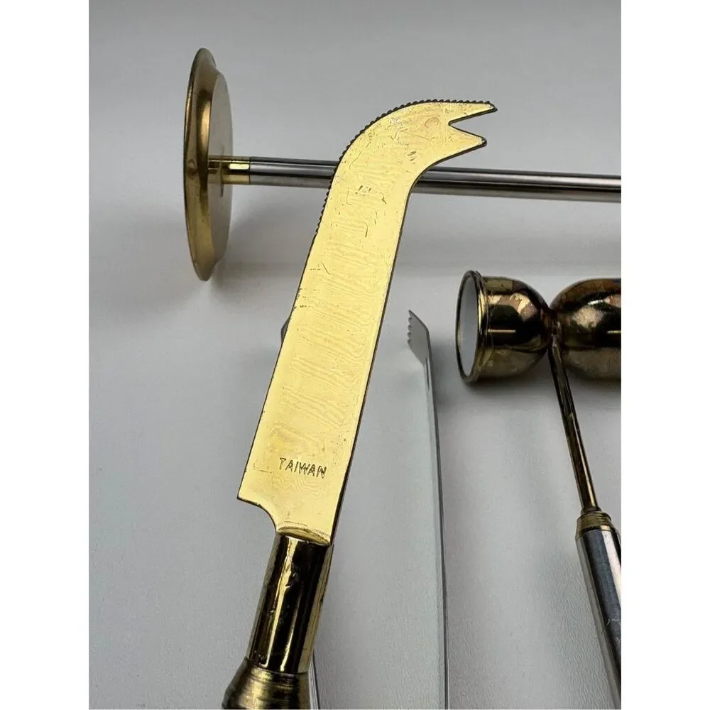 Vintage MCM Style Metal Brass & Silver Tone Bar Mixer Tool Set w/ Stand 5pc AX26